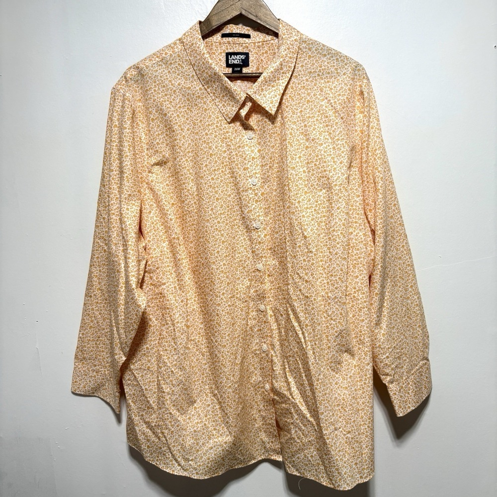 Lands End Blouse Womens 26W Yellow Ditzy Floral Long Sleeve Cotton Button Front